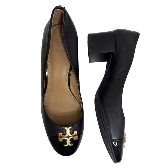 Tory Burch Janey Block Heel Pumps Shoes Block Black Size 10 Gold logo - Picture 1 of 16